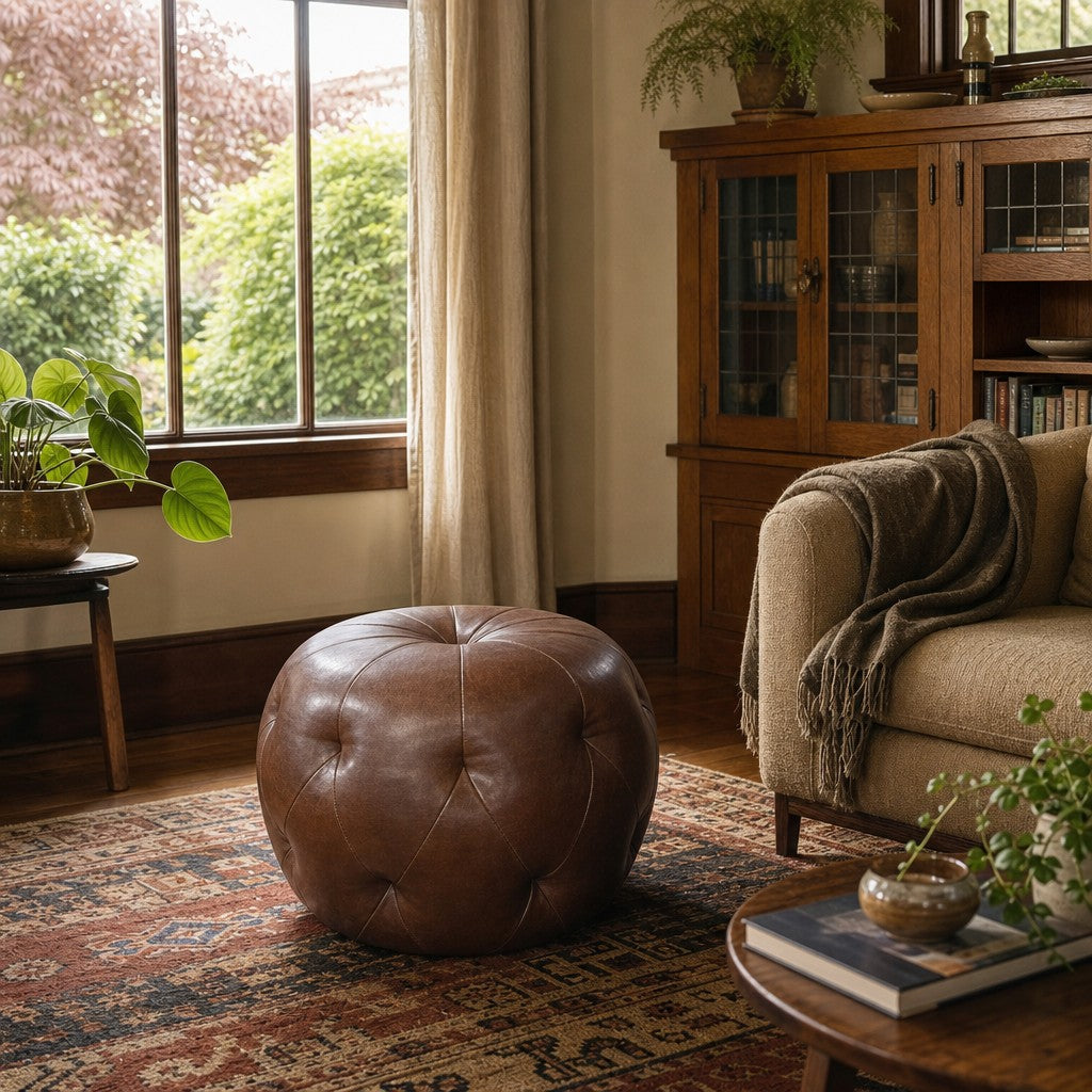 Chocolate Brown tufted cube pouf ottoman with button grid upholstery - detail view 1
