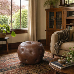 Chocolate Brown tufted cube pouf ottoman with button grid upholstery - detail view 1