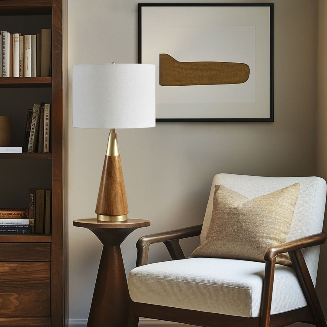 Chrislie Triangular Table Lamp in pecan side angle - mid-century table lamp by Olliix - Whats New Furniture Portland OR