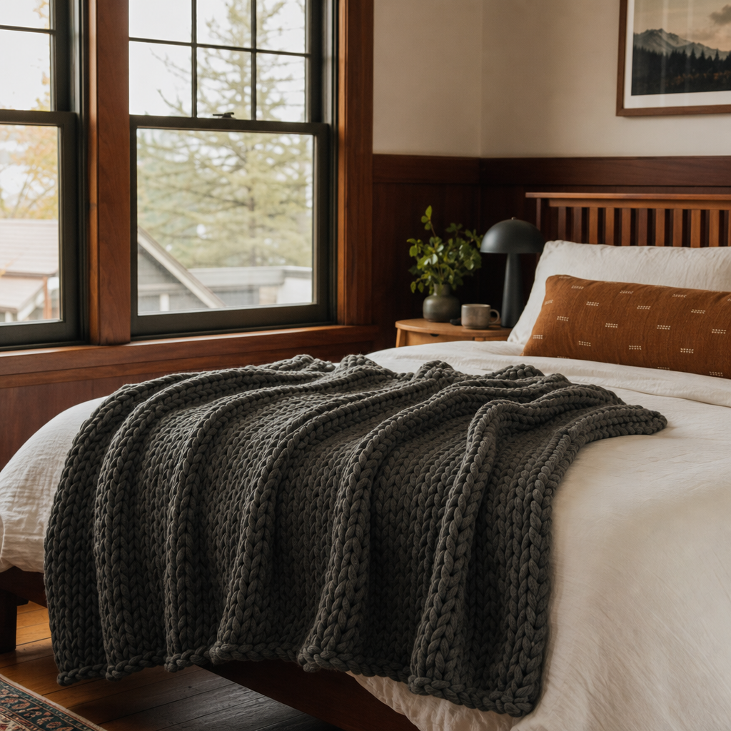 Chunky Double Knit Throw in Charcoal styled in Portland bedroom - Whats New Furniture