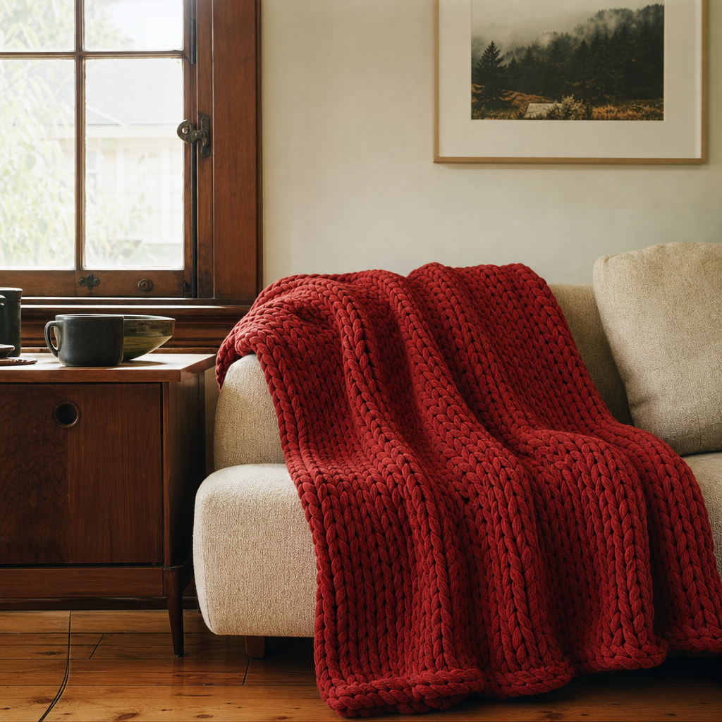 Chunky Double Knit Throw in Red styled in Portland bedroom - Whats New Furniture