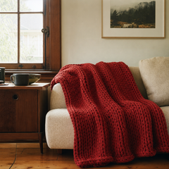 Chunky Double Knit Throw in Red styled in Portland bedroom - Whats New Furniture