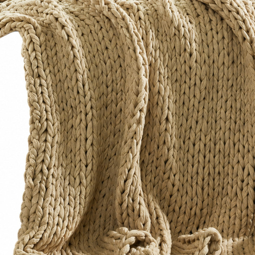 Chunky Double Knit Throw in Tan texture detail - throw blanket by Olliix - Whats New Furniture Portland OR