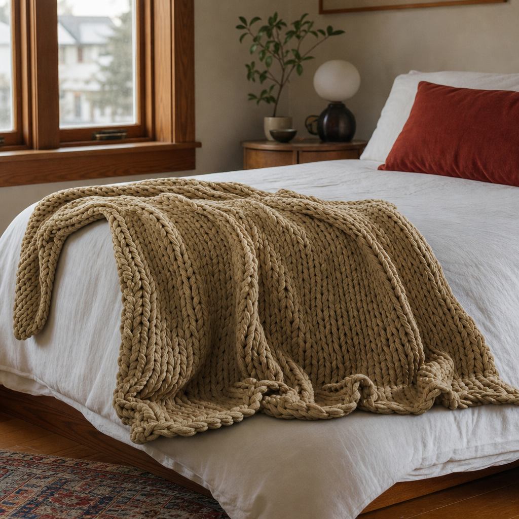 Chunky Double Knit Throw in Tan styled in Portland bedroom - Whats New Furniture