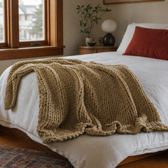 Chunky Double Knit Throw in Tan styled in Portland bedroom - Whats New Furniture