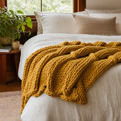 Chunky Double Knit Throw in Yellow styled in Portland bedroom - Whats New Furniture