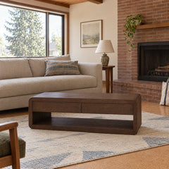 Clarice Coffee Table - Dark Brown Oak Veneer in Dark Brown styled in a Portland home - Whats New Furniture