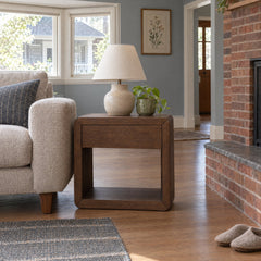 Clarice Side Table - Dark Brown Oak Veneer in Dark Brown styled in a Portland home - Whats New Furniture