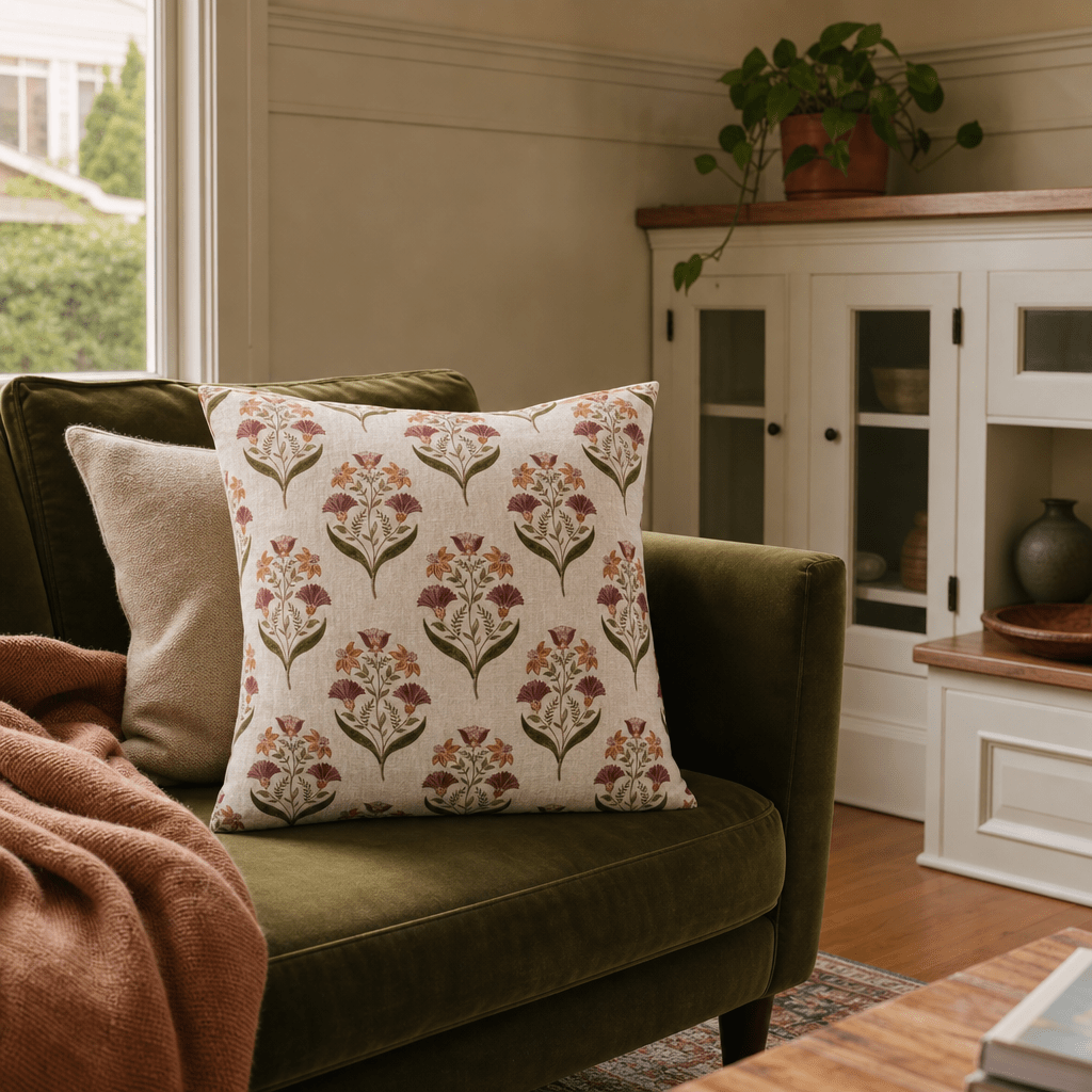 Bluffs Olive Green Floral Throw Pillow styled in a Portland Hawthorne bungalow living room lifestyle - Whats New Furniture
