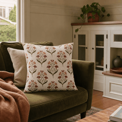 Bluffs Olive Green Floral Throw Pillow styled in a Portland Hawthorne bungalow living room lifestyle - Whats New Furniture