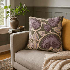 Folly Olive Green Embroidered Throw Pillow styled in a Portland Hawthorne bungalow living room lifestyle - Whats New Furniture
