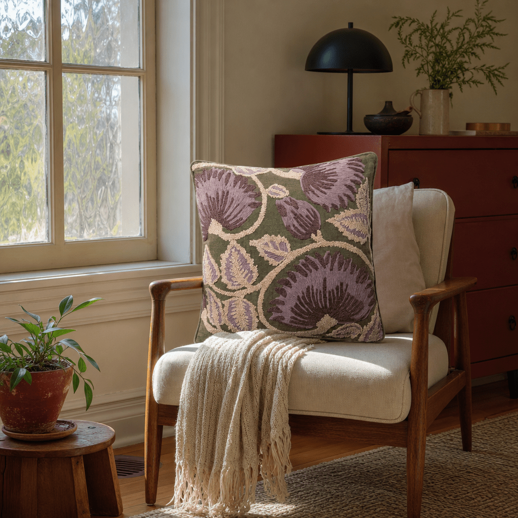 Folly Olive Green Embroidered Throw Pillow styled in a Portland Alberta Arts sitting room lifestyle - Whats New Furniture