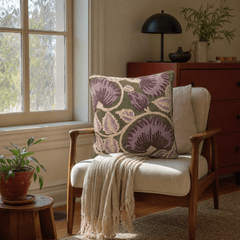 Folly Olive Green Embroidered Throw Pillow styled in a Portland Alberta Arts sitting room lifestyle - Whats New Furniture