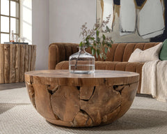 Gardford Round Coffee Table in Natural room setting - round reclaimed wood coffee table - Whats New Furniture Portland OR