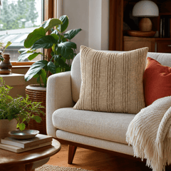 Gratitude Natural Stripe Throw Pillow styled in a Portland Hawthorne bungalow living room lifestyle - Whats New Furniture