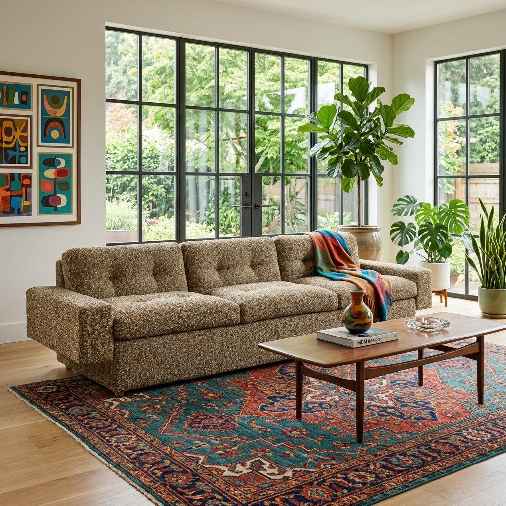 Lucca Sofa in Yellow Honey styled in a bright Portland room - Whats New Furniture