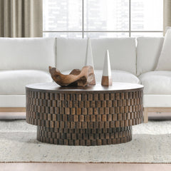 Norwood Coffee Table with Casters - Bark Brown in Bark Brown close-up - round coffee table - Whats New Furniture Portland OR