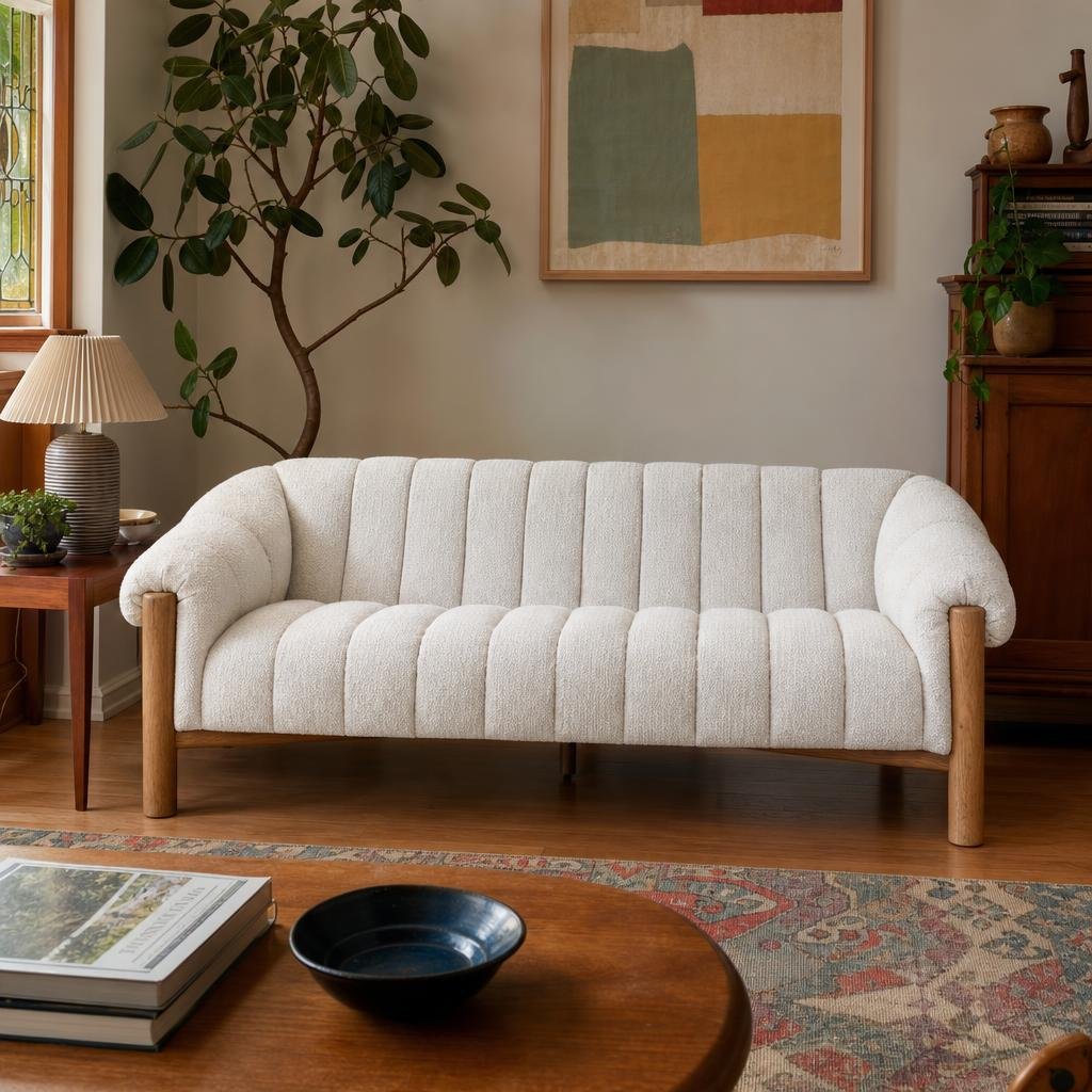 Sansa Sofa in Cream, channeled sofa in a Portland living room - Whats New Furniture