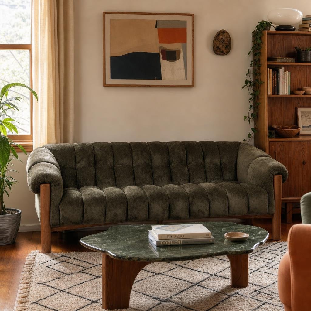 Sansa Sofa in Olive Green, channeled sofa in a Portland living room - Whats New Furniture