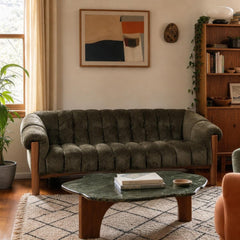 Sansa Sofa in Olive Green, channeled sofa in a Portland living room - Whats New Furniture