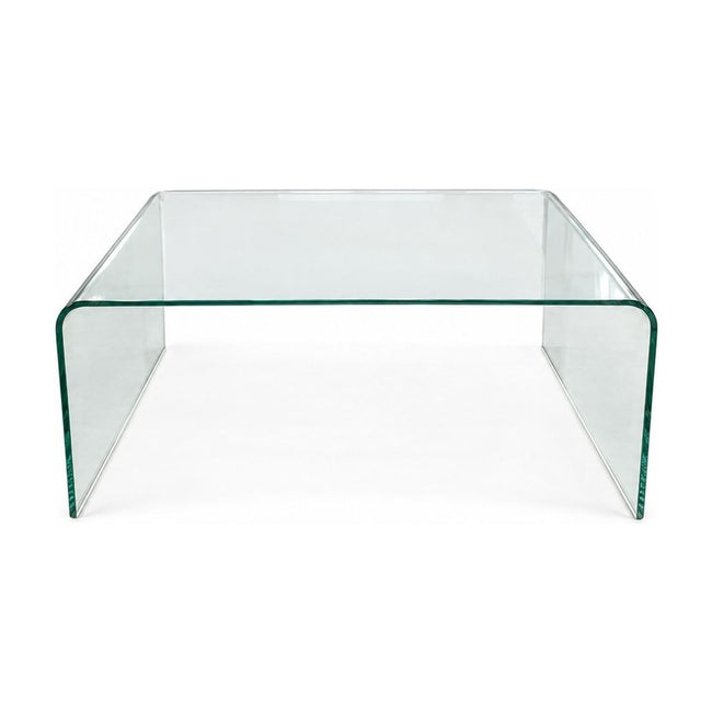 Clear glass coffee table with a low, nearly square top.
