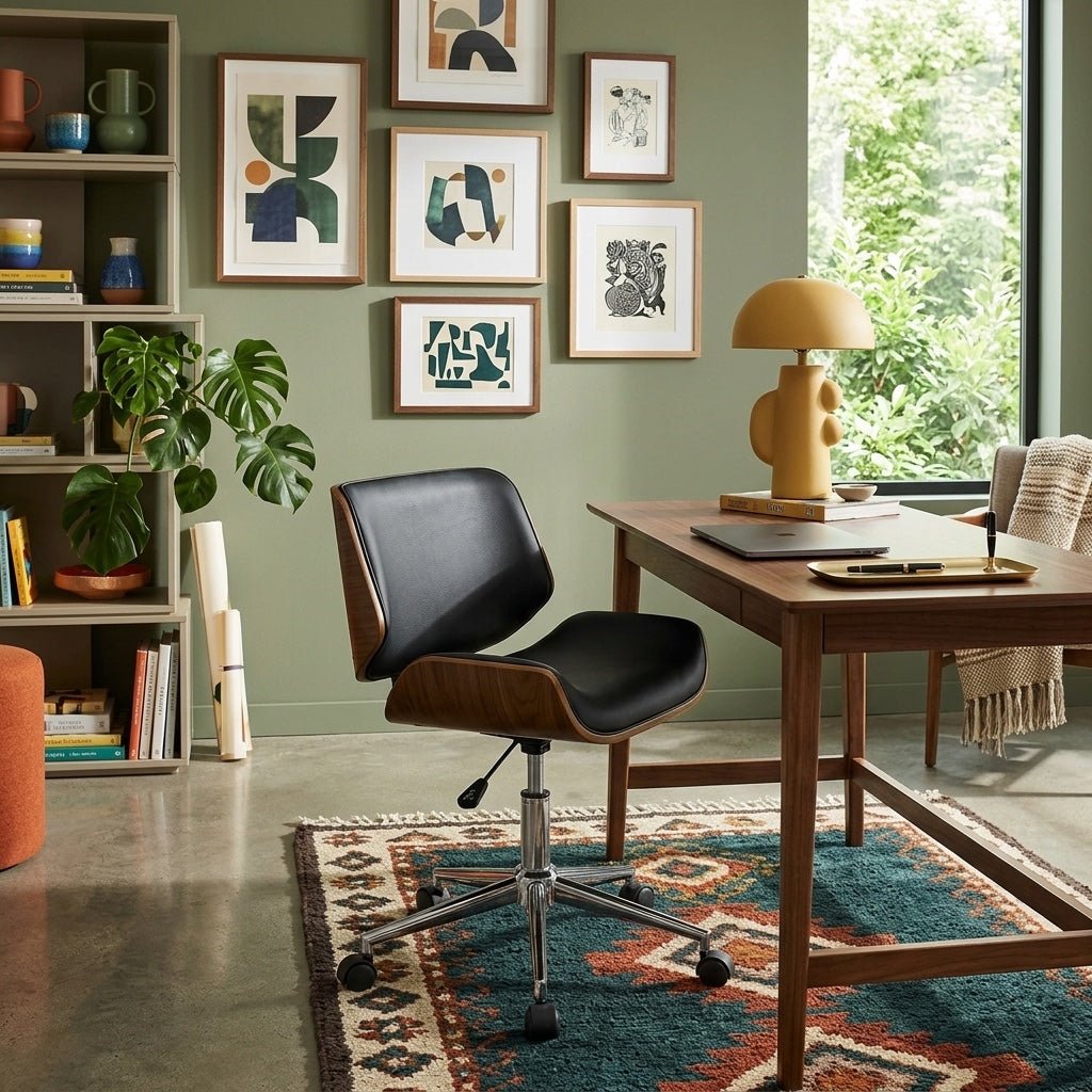 Addington Upholstered Adjustable Office Chair styled in a bright Portland mid-century modern home office - Whats New Furniture