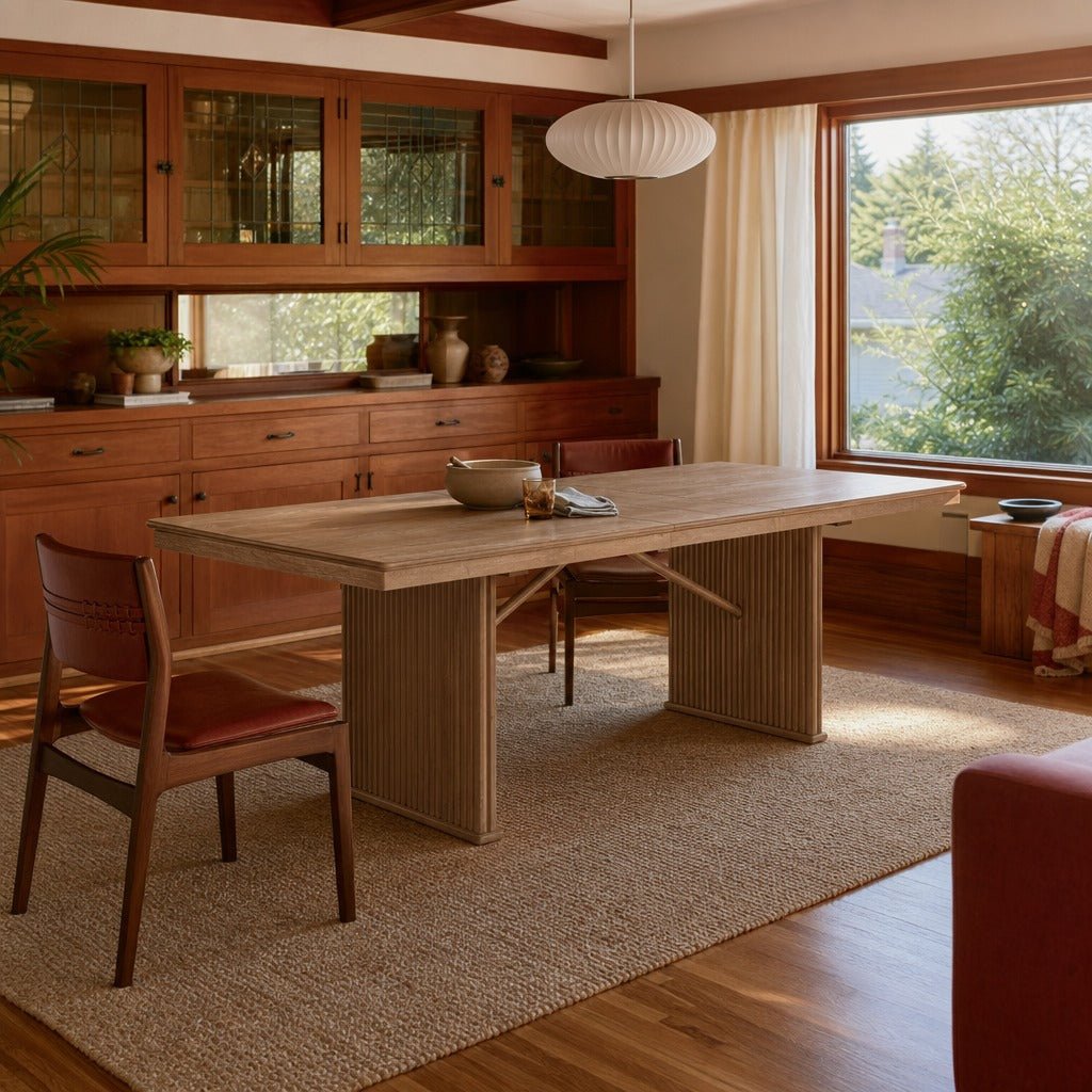 Adina 89 Inch Extension Dining Table Distressed Light Brown styled in Portland Mt. Tabor mid-century daylight ranch living room - What&