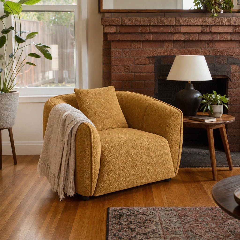 Aleisha Fabric Upholstered Accent Chair Mustard Yellow styled in Portland St. Johns bungalow living room - What&