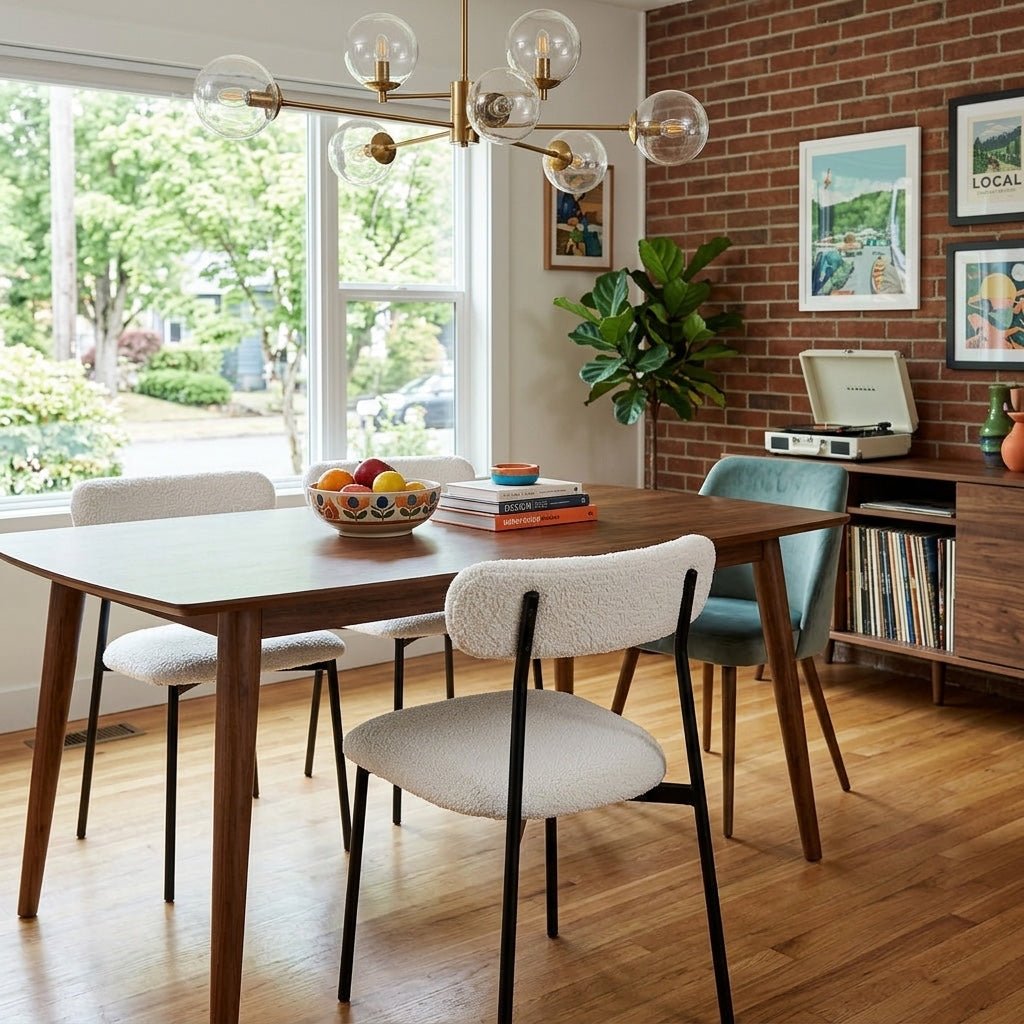 Anzio Boucle Upholstered Dining Side Chair styled in a bright Portland mid-century modern interior - Whats New Furniture