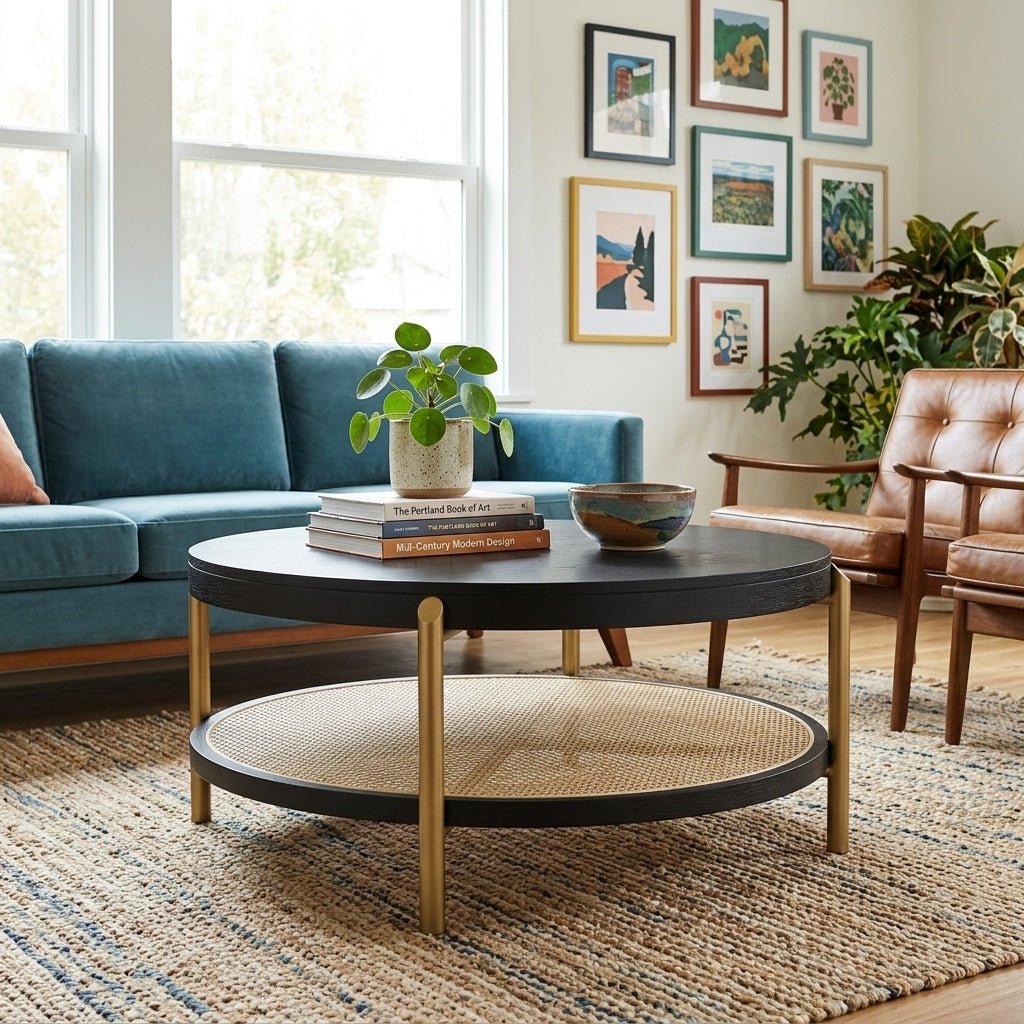 Arini Round Coffee Table styled in a bright Portland mid-century modern interior - Whats New Furniture