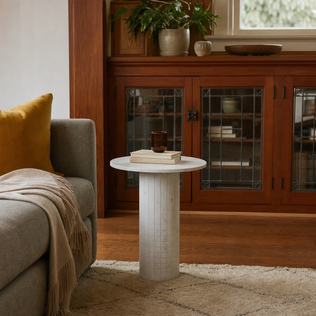 Astoria Round Genuine Marble Side End Table White styled in Portland Irvington foursquare with original built-ins living room - What&