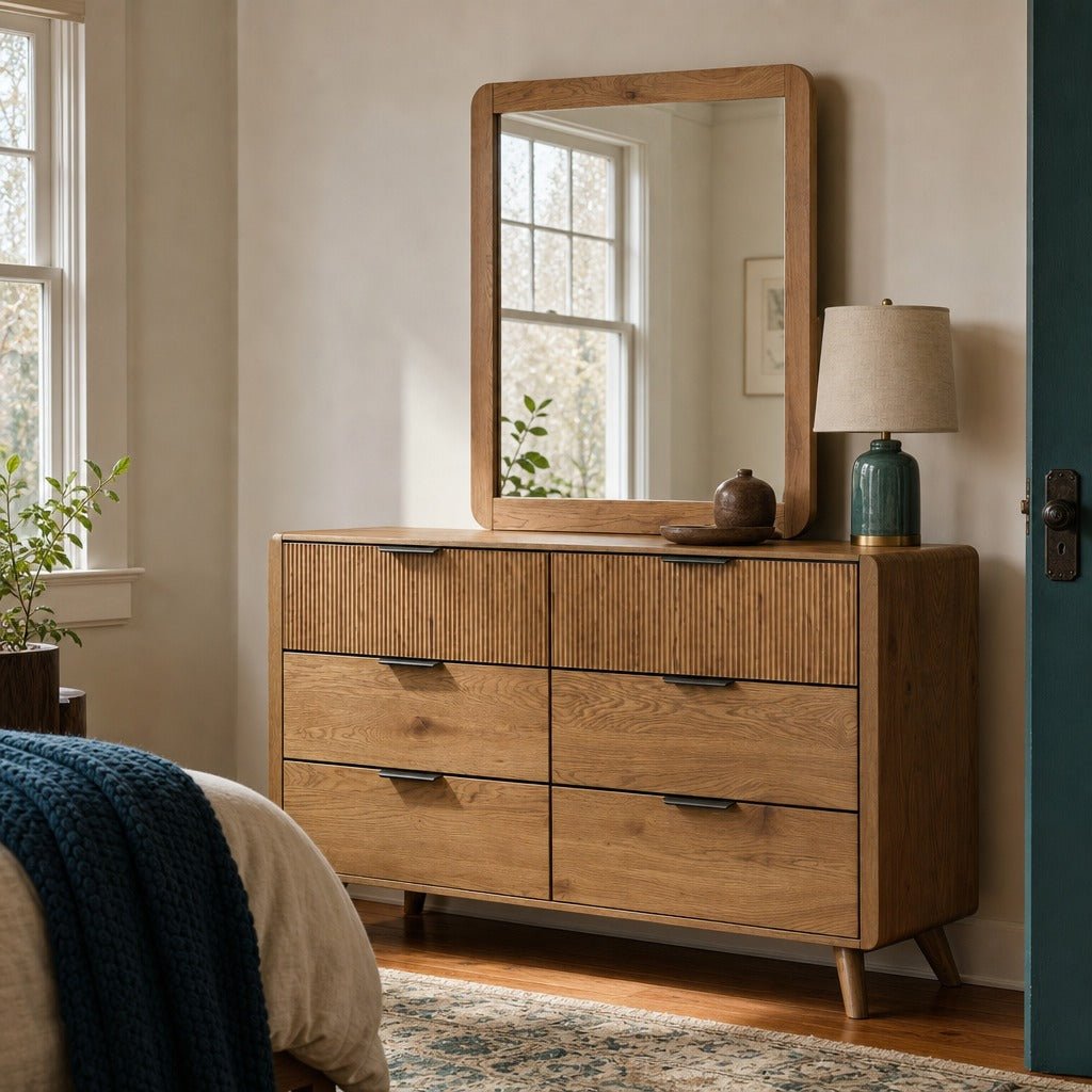 Bennett 6 Drawer Bedroom Dresser And Mirror Set Light Oak styled in Portland Ladd&