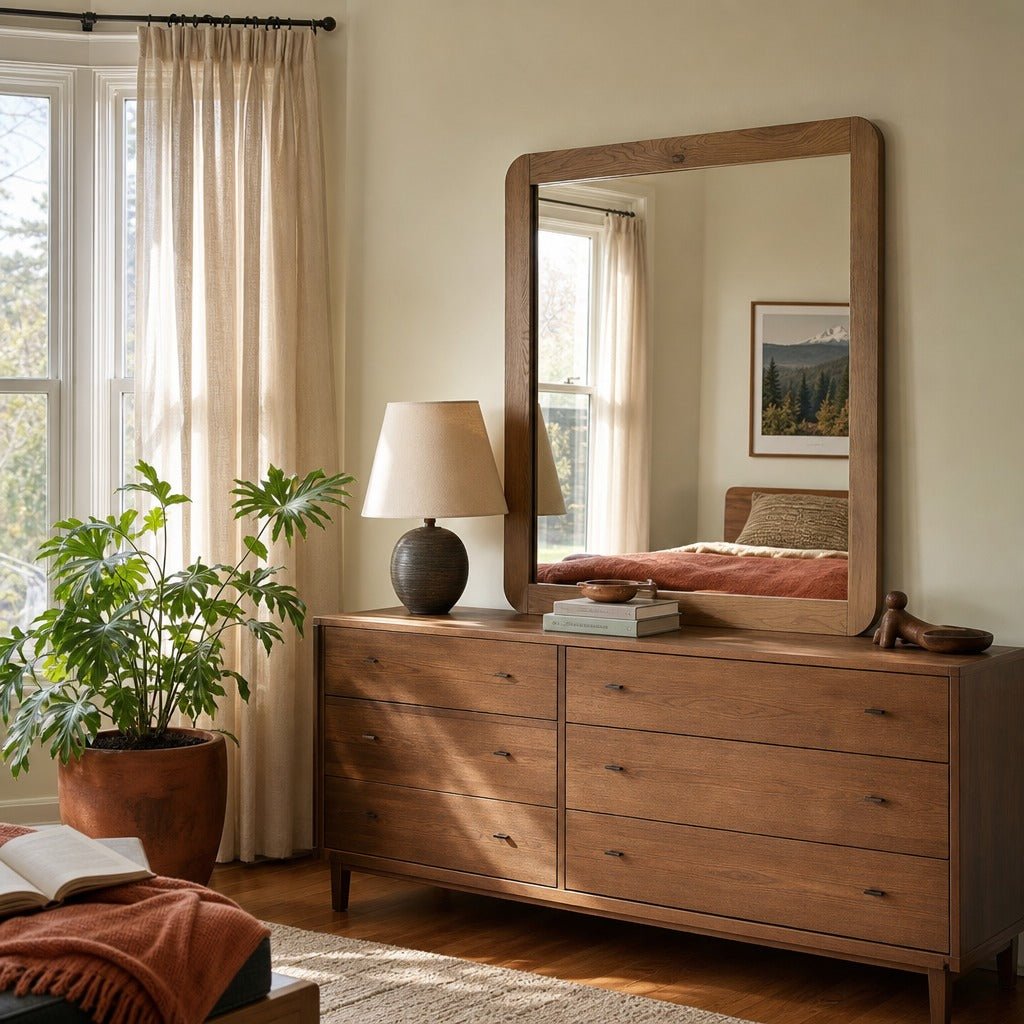 Bennett Bedroom Dresser Mirror Light Oak styled in Portland Montavilla cottage living room - What&