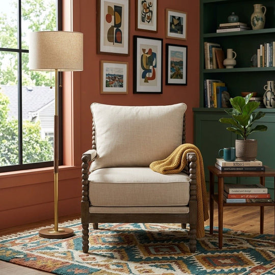 Blanchett Accent Chair styled in a bright Portland mid-century modern living room - Whats New Furniture