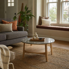 Bradley 2 Piece Round Smarttop Coffee Table Set Grey And Natural styled in Portland Montavilla cottage living room - What&