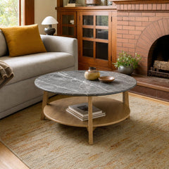 Bradley Round Smarttop Cocktail Coffee Table Grey And Natural styled in Portland Irvington foursquare with original built-ins living room - What&