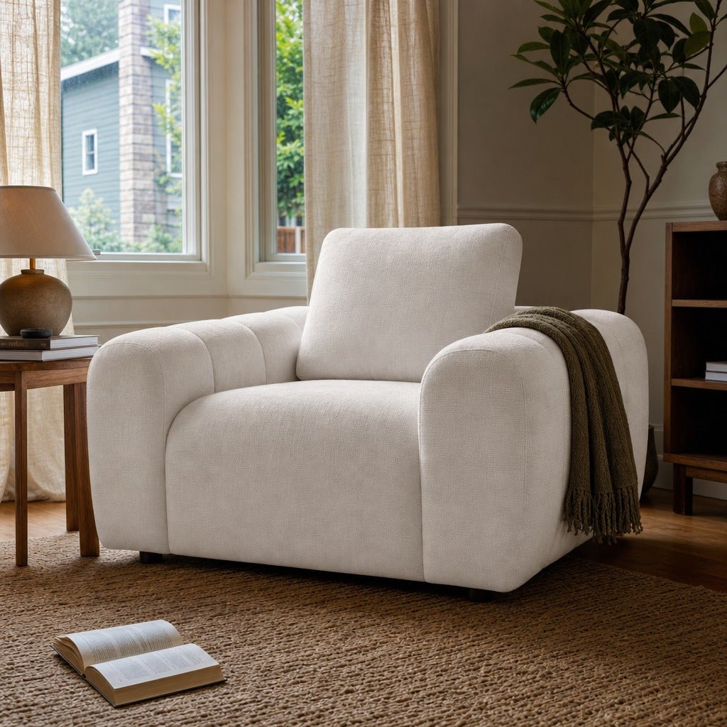 Burnett Chenille Upholstered Accent Chair Ivory styled in Portland Sellwood cottage living room - What&
