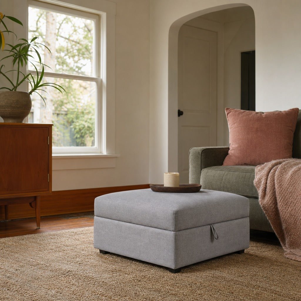 Cambria Square Upholstered Storage Ottoman Grey styled in Portland Montavilla cottage living room - What&