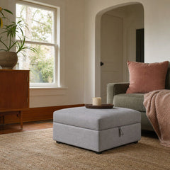 Cambria Square Upholstered Storage Ottoman Grey styled in Portland Montavilla cottage living room - What&