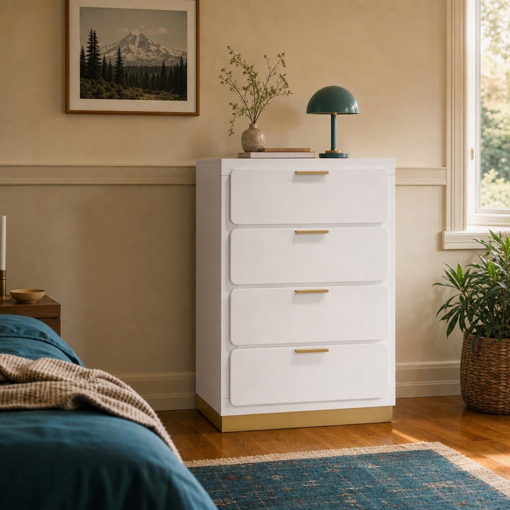 Caraway 4 Drawer Bedroom Chest White styled in Portland Mt. Tabor mid-century daylight ranch living room - What&