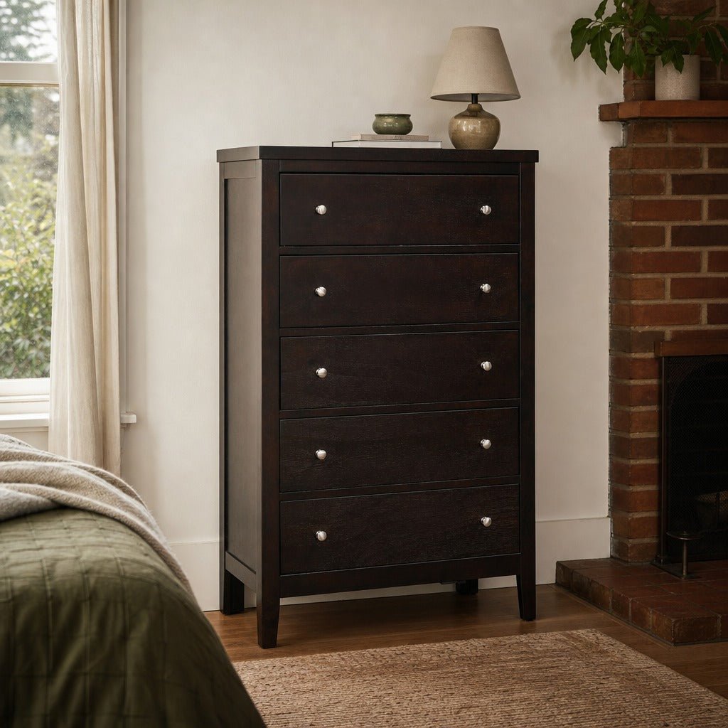 Carlton 5 Drawer Bedroom Chest Cappuccino styled in Portland Sellwood cottage living room - What&