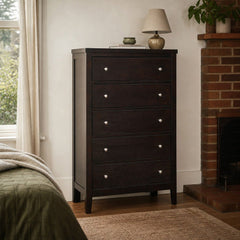 Carlton 5 Drawer Bedroom Chest Cappuccino styled in Portland Sellwood cottage living room - What&