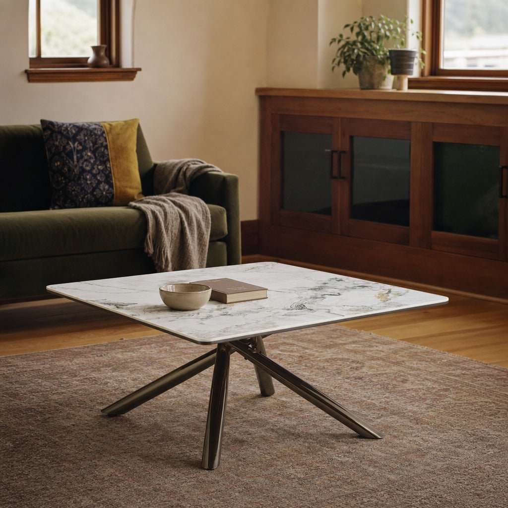 Carvell Square Sintered Stone Top Coffee Table Mirage White styled in Portland St. Johns bungalow living room - What&