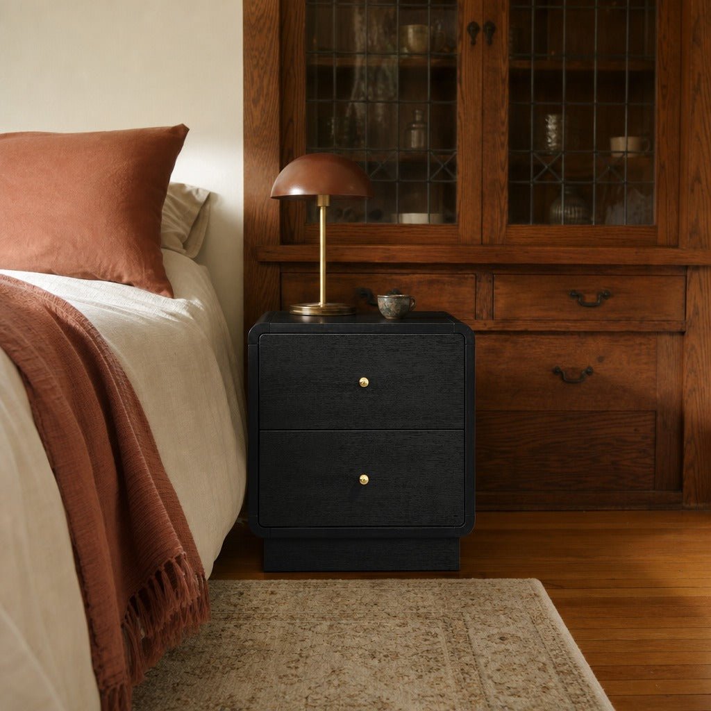 Cavelle 2 Drawer Nightstand Bedside Table Black styled in Portland Laurelhurst Tudor cottage living room - What&