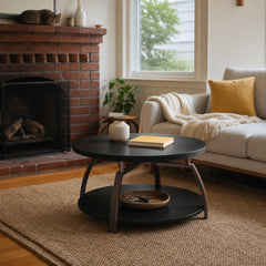 Dacre 2 Piece Round Coffee And End Table Set Dark Charcoal styled in Portland St. Johns bungalow living room - What&