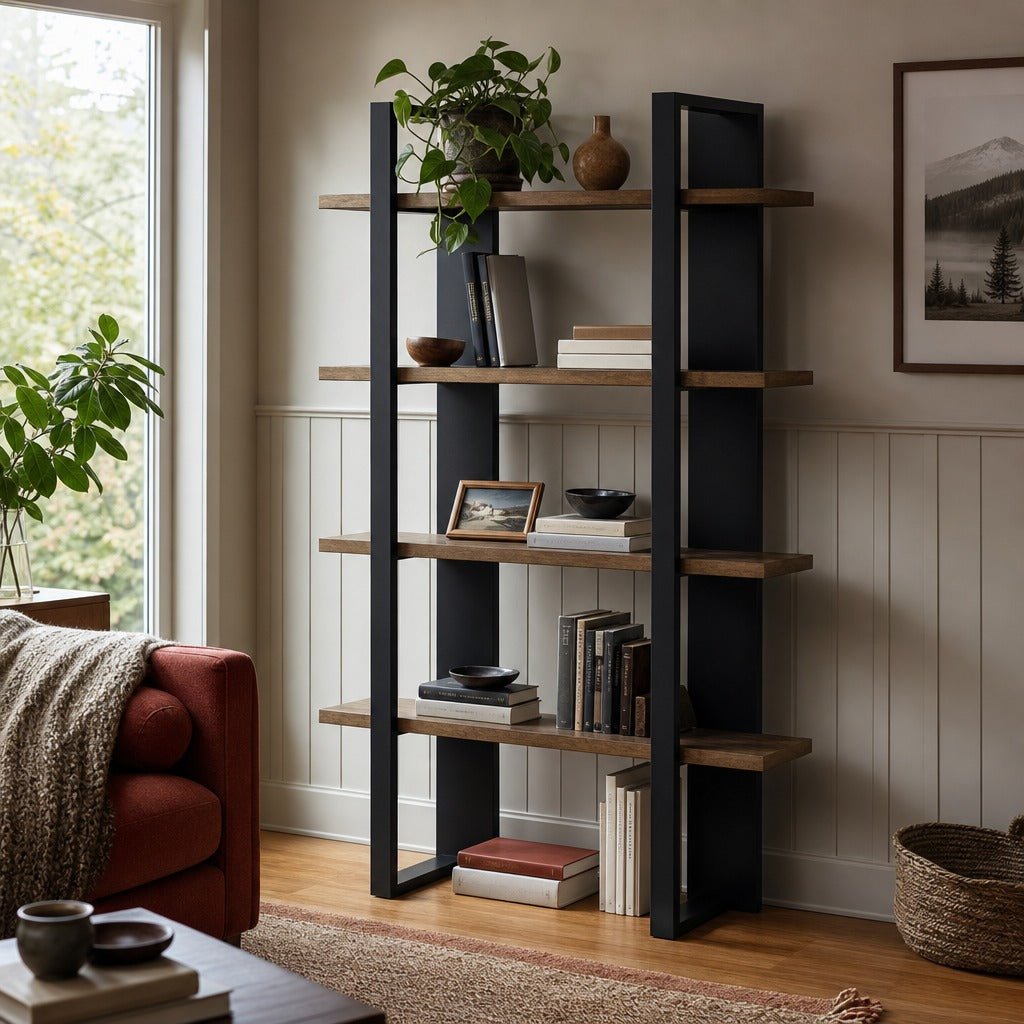 Danbrook 71 Inch 4 Shelf Bookshelf Black And Aged Walnut styled in Portland Mt. Tabor mid-century daylight ranch living room - What&