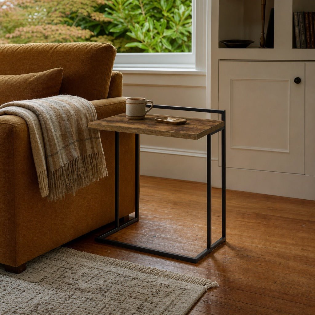 Dani Rectangular C Shaped Sofa Side Table Rustic Nutmeg styled in Portland Irvington foursquare with original built-ins living room - What&