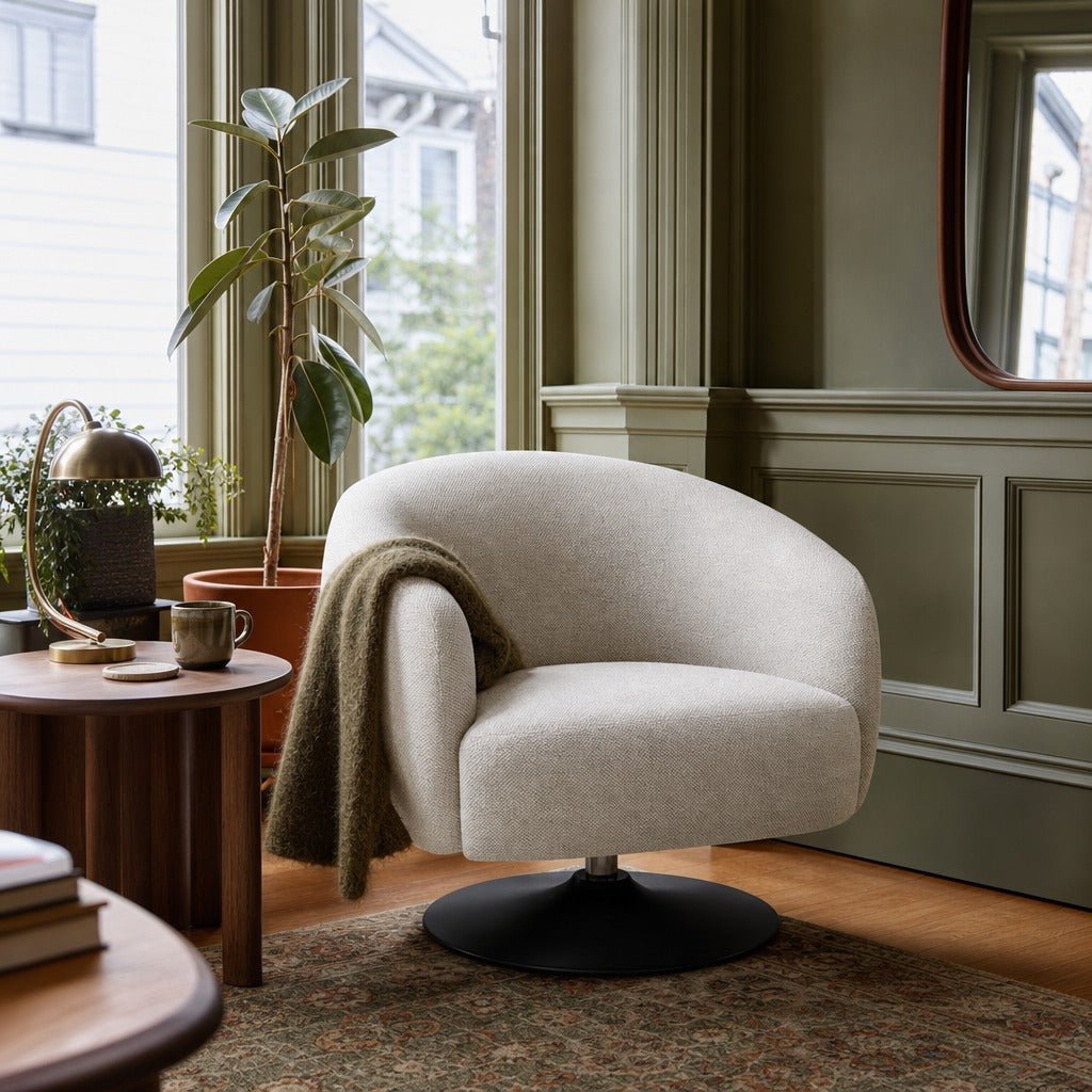 Dave Upholstered Barrel Back Swivel Club Chair Beige styled in Portland NW 23rd Victoriwith a bay window living room - What&
