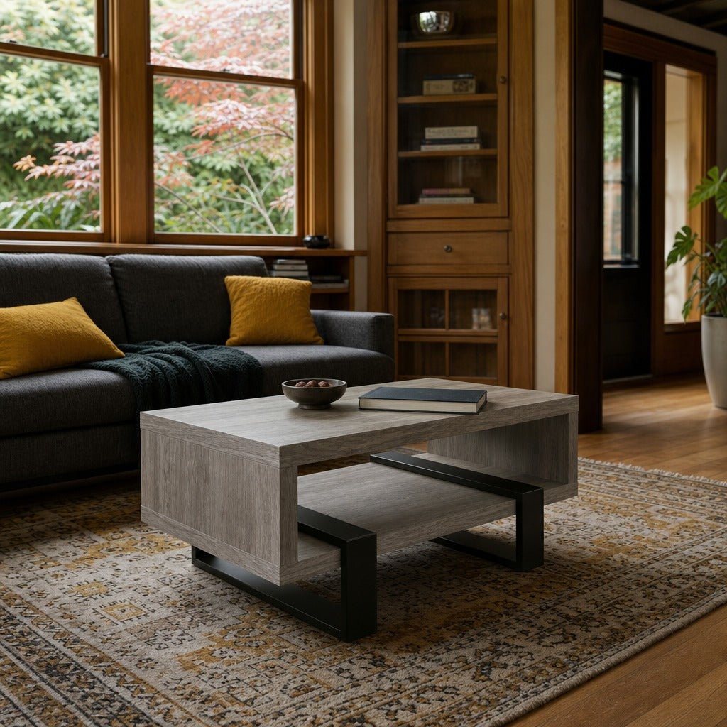 Dinard Engineered Wood Cocktail Coffee Table Grey Driftwood styled in Portland Irvington foursquare with original built-ins living room - What&