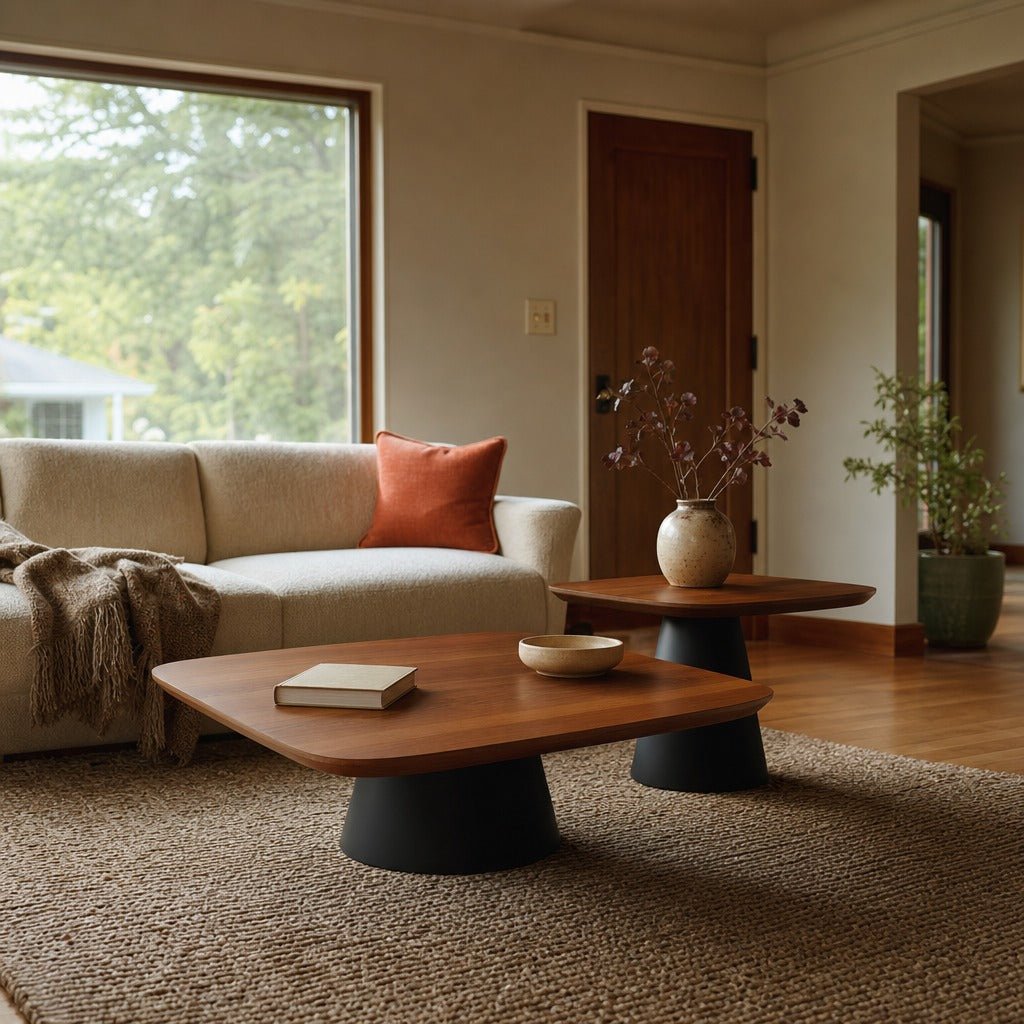 Eason 2 Piece Coffee Table Set Walnut And Black styled in Portland 1960s Garden Home ranch living room - What&